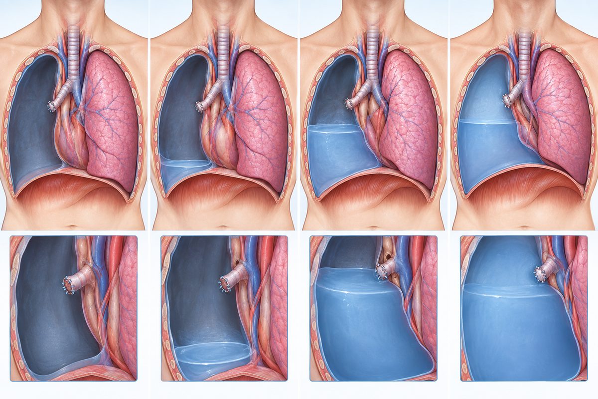 Sơ đồ khoang sau cắt phổi: ban đầu chứa khí, sau đó dịch tích tụ dần.